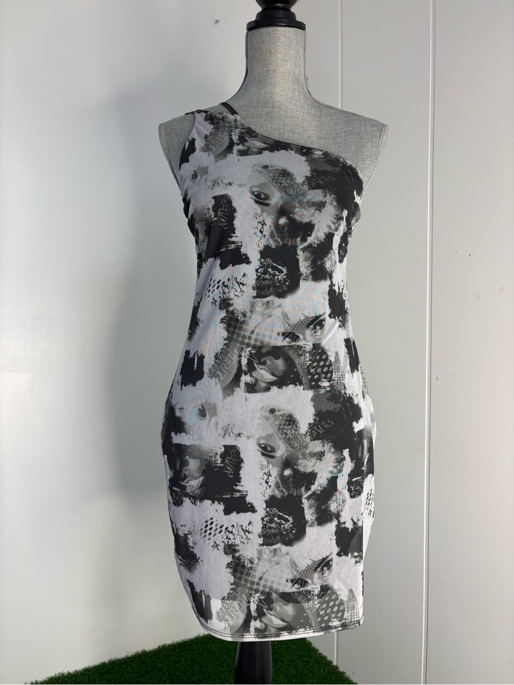 Black and grey one shoulder mesh dress